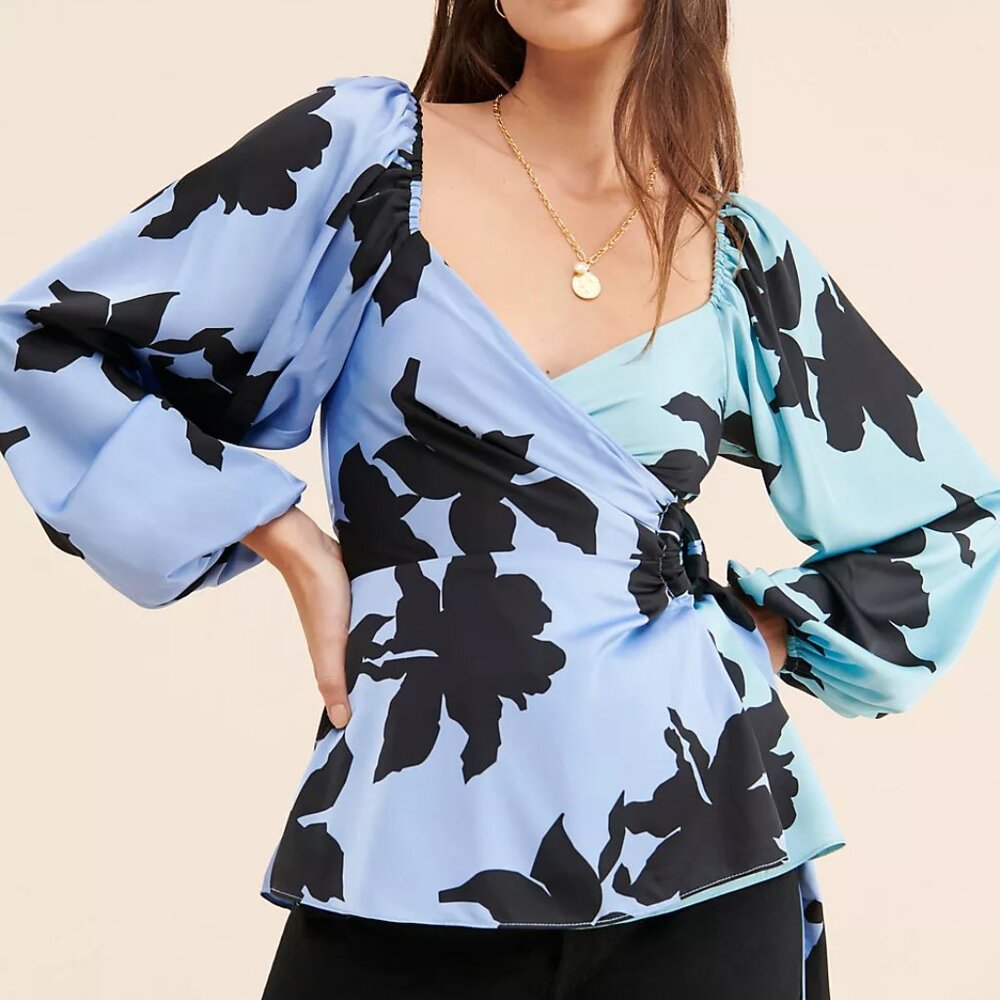 NWT Anthropologie Hutch Shadow Floral Wrap O-Ring Blouse Blue Black XS